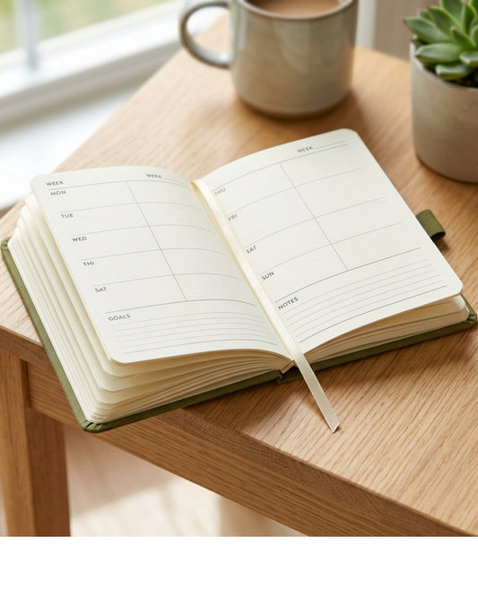 Pureboro A6 Undated Pocket Planner 144 Pages Olive and Cream - Lifestyle view